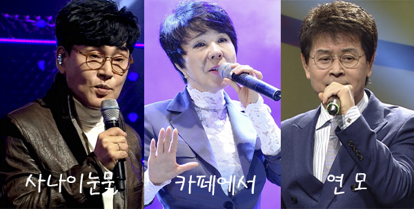 왼쪽부터 가수 조항조(사나이 눈물), 가수 최진희(카페에서), 가수 박우철(연모)