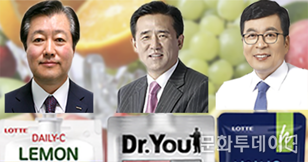 왼쪽부터 이영구 롯데칠성음료 대표, 이경재 오리온 대표, 민명기 롯데제과 대표