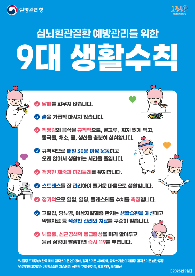 심뇌혈관질환 예방관리를 위한 9대 생활수칙 (질병관리청 제공)